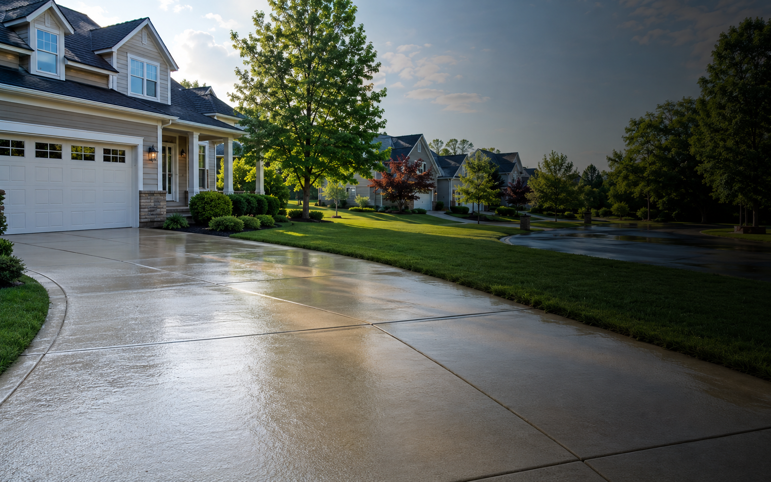 Freshly pressure-washed driveway in a clean residential neighborhood
